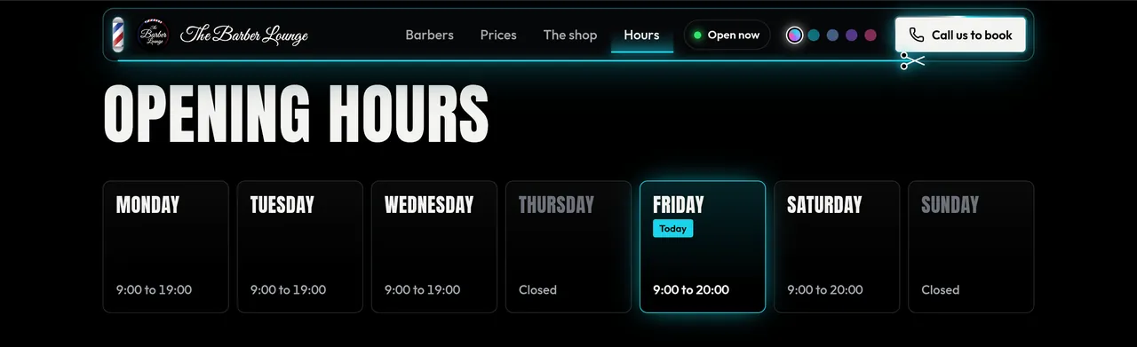 Opening hours, with today lit up.