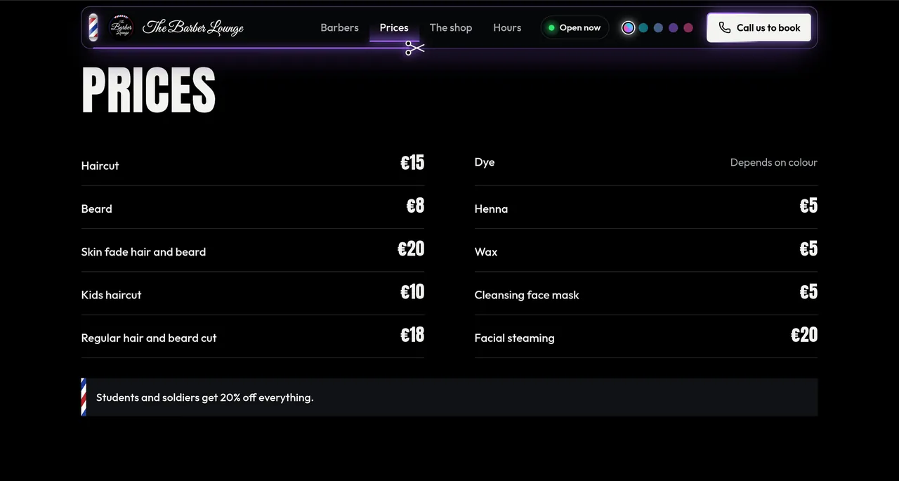 The full price list, easy to read.