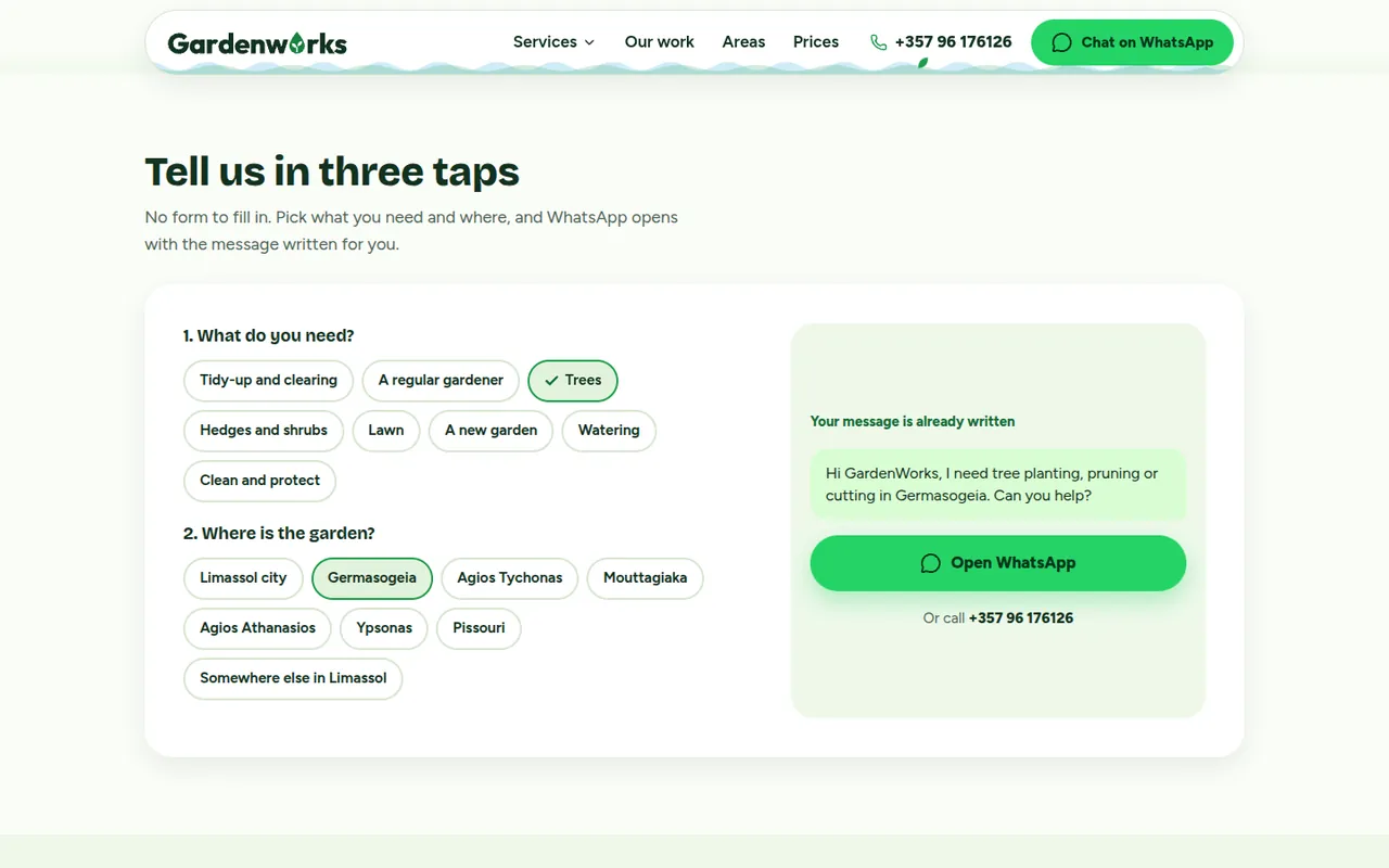 “Tell us in three taps”: the WhatsApp message writes itself.