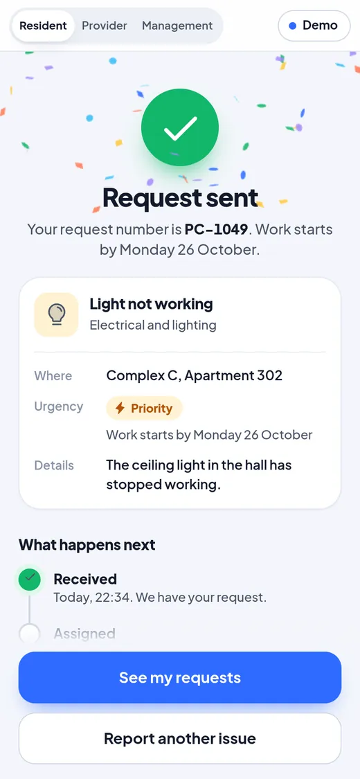 Sent: the request number and what happens next.