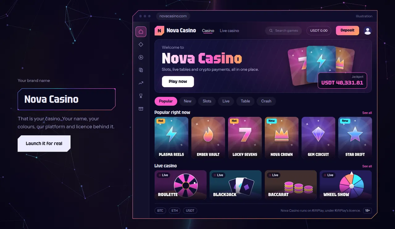 Type your brand: the casino lobby wears the name (an illustration).